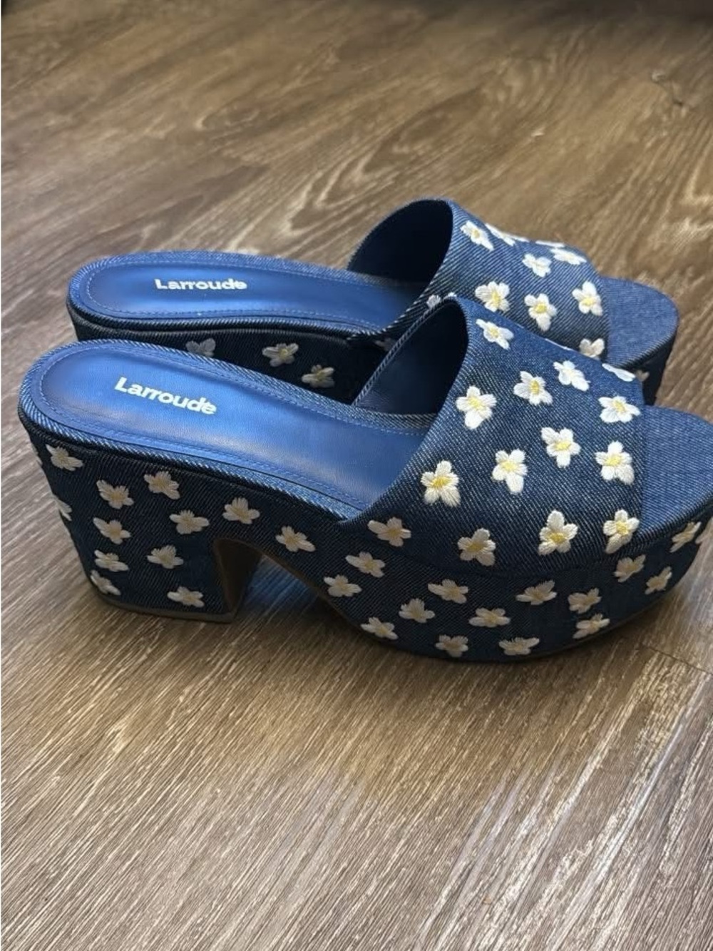 Larroude Navy Denim Daisy Platform Clogs